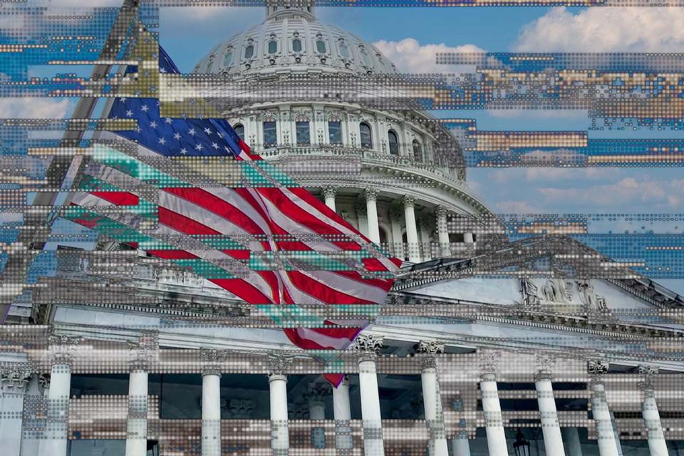 US Capitol building with economic data visualization overlay