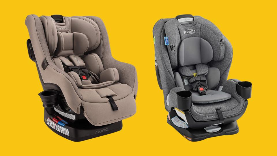 Nuna and Graco convertible car seats on a yellow background