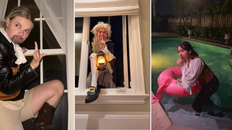 Two images of women climbing out of a window in colonial garb and one next to a pool float