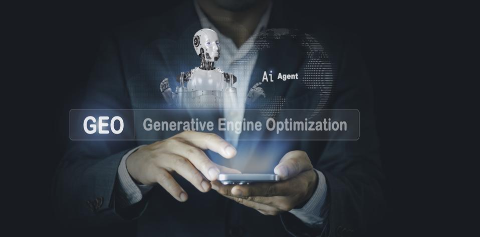 GEO generative engine optimization concept. Businessmen use agentic Ai, icons on websites to rank search engines, Search with assistants Artificial Intelligence data technology from internet network