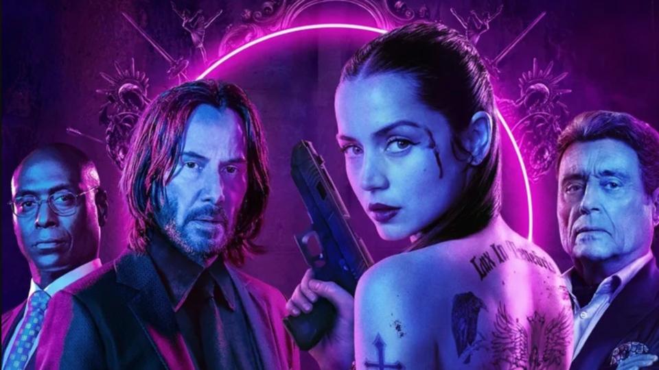 "From the World of John Wick: Ballerina" poster featuring Lance Reddick, Keanu Reeves, Ana de Armas and Ian McShane.