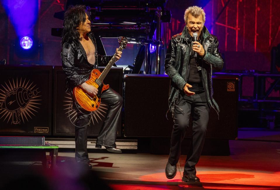 Steve Stevens (left) and Billy Idol (right) perform on stage on during Idol's 'It's A Nice Day To... Tour Again!' U.S. tour. Thursday, August 14, 2025 at Credit Union 1 Amphitheatre in Tinley Park, IL (Photo by Barry Brecheisen)