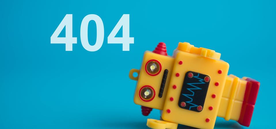 Yellow robot with 404 error code on blue background.