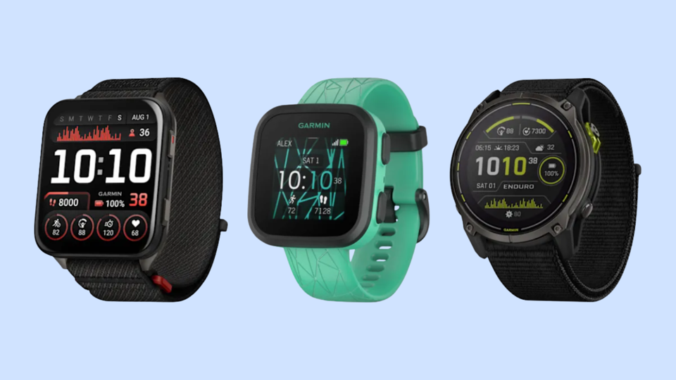 Three Garmin watches on a blue background