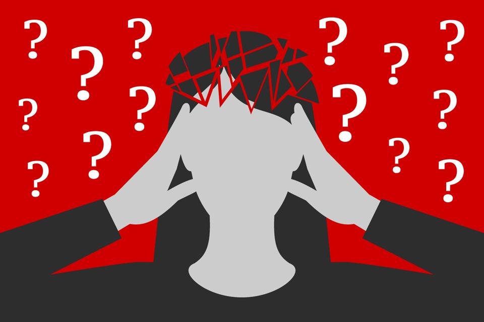 Woman is suffering from headache caused by unresolved questions