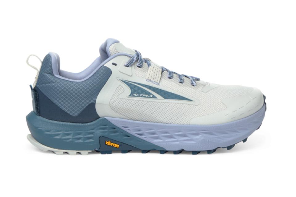 Product shot of an Altra Timp 5 Trail-Running Shoe in Gray/Blue. 