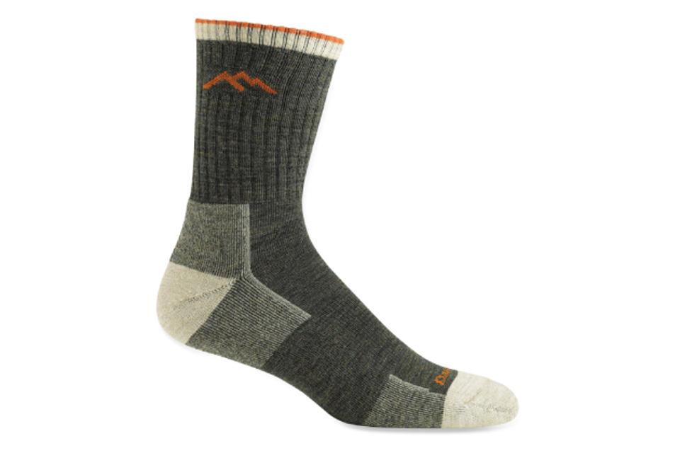 Product shot of a Darn Tough Hiker Micro Crew Socks in Olive. 