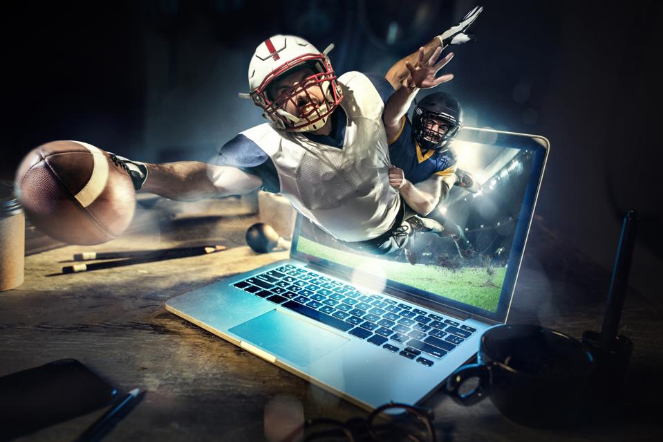 Collage about american football players in dynamic action with ball in a professional sport game. He playing on the laptop