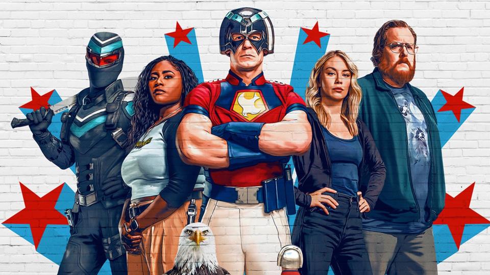 "Peacemaker" Season 2 poster art featuring Freddie Stroma, Danielle Brooks, John Cena, Jennifer Holland and Steve Agee.