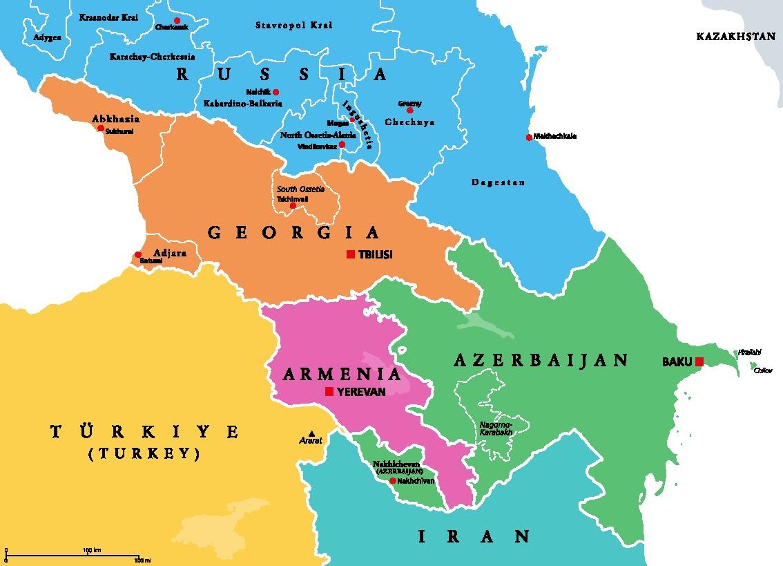 The Caucasus region, Caucasia, colored political map with disputed areas