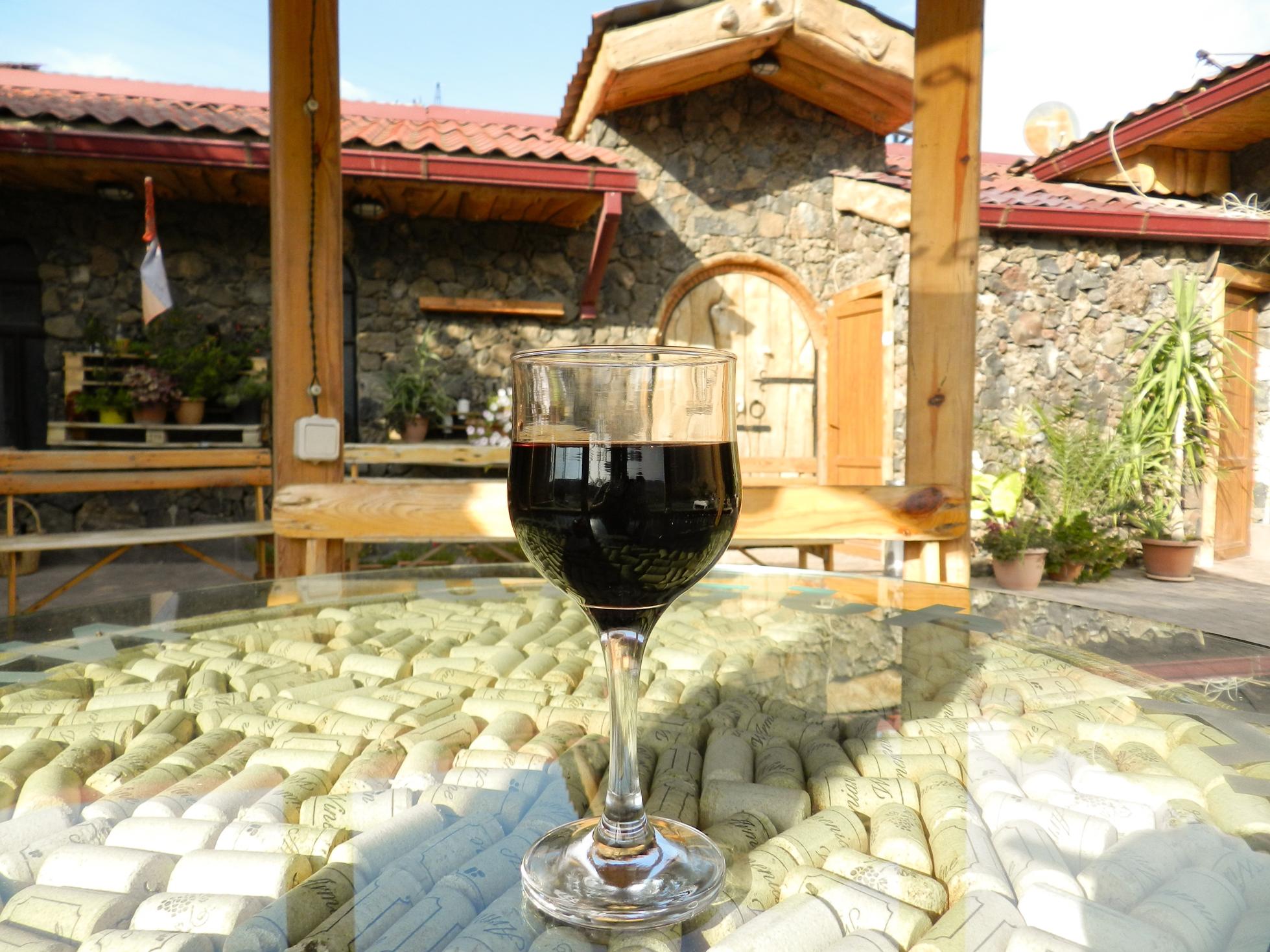 A glass of red wine at the Areni Wine Factory in Armenia