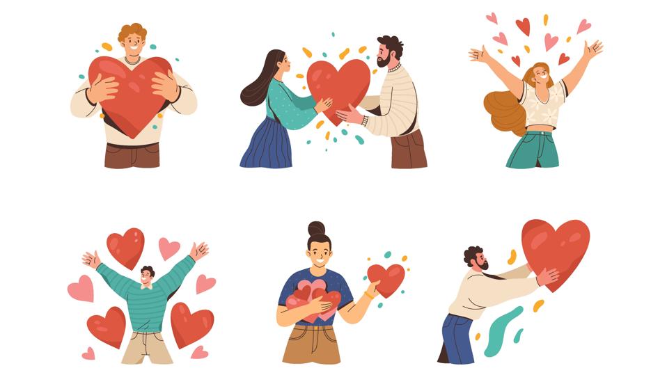 Vector cartoon flat illustration of diverse cartoon young people in different actions of happiness and love sharing. Isolated on white