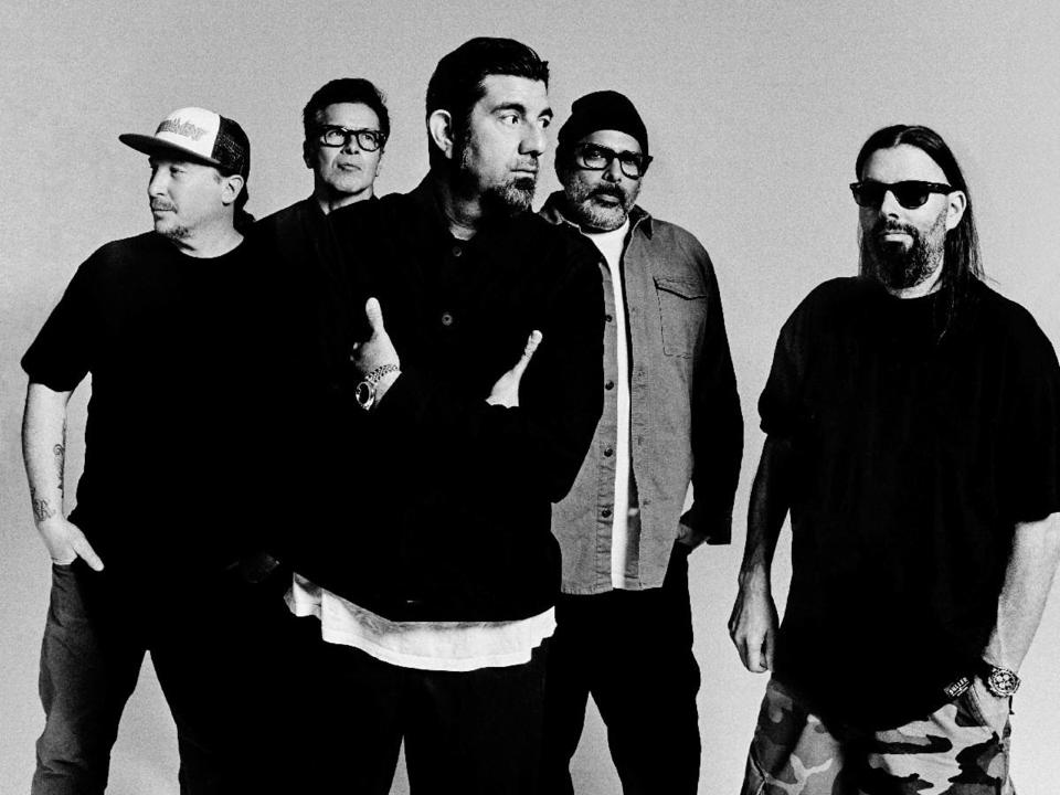 Deftones members left to right: Abe Cunningham (drums), Fred Sablan (bass), Chino Moreno (vocals), Frank Delgado (turntables), and Stephen Carpenter (guitar)