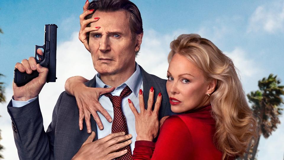 "The Naked Gun" partial poster featuring Liam Neeson and Pamelia Anderson.