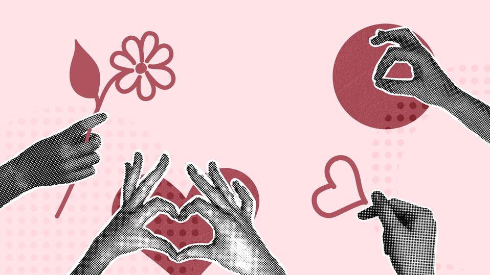 Modern halftone collage. Human hand and red heart. Concept of love, support, compassion, care