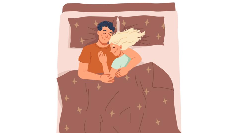 Young couple sleeping in bed at home, happy lovers spend night together, bedtime and relaxation at night. Vector just married man and woman fall asleep on comfortable bedding in bedroom