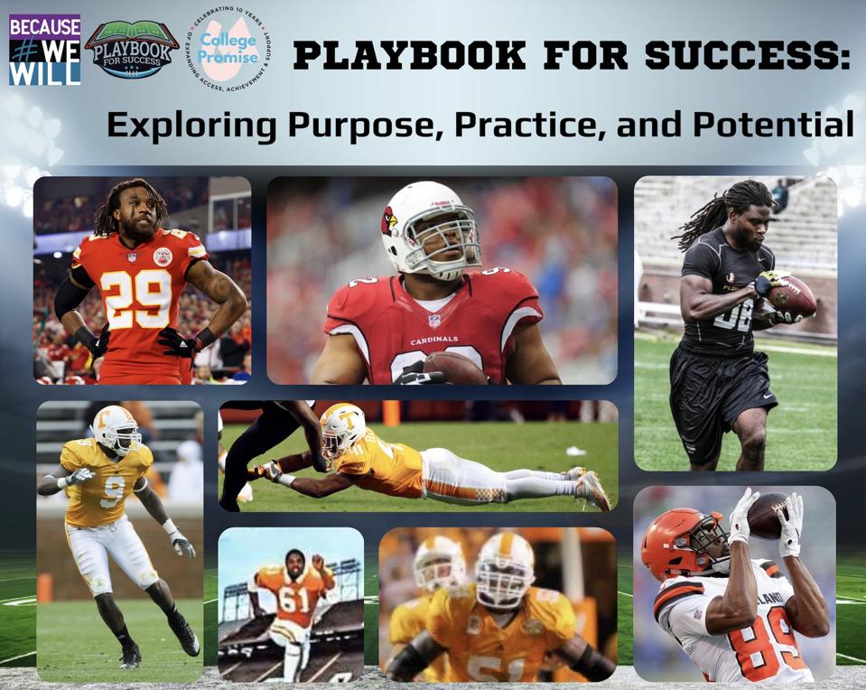 A graphic with eight football players on it promoting the Playbook for Success workshops.