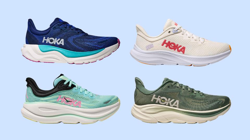 Four pairs of Hoka shoes on a light blue background
