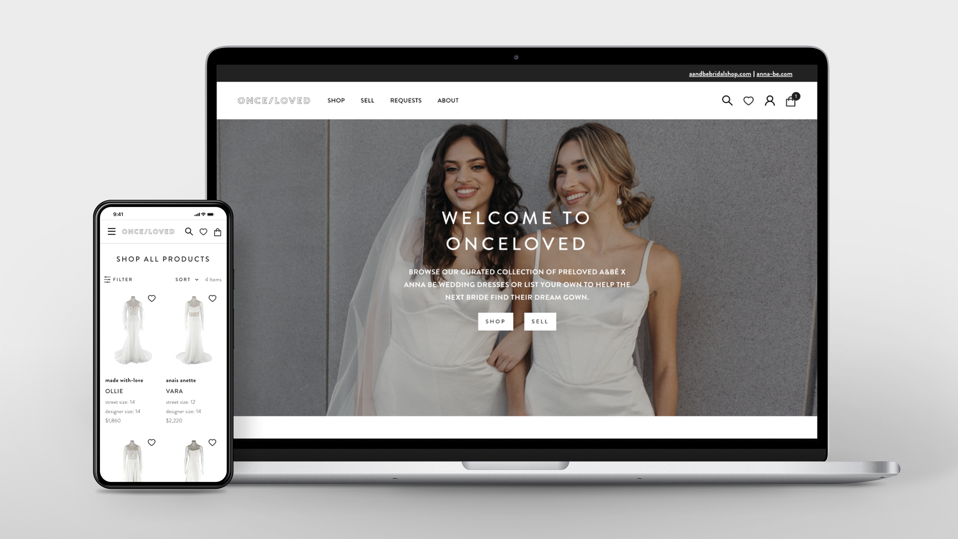 The home page of Onceloved, the new marketplace for pre-owned wedding dresses.
