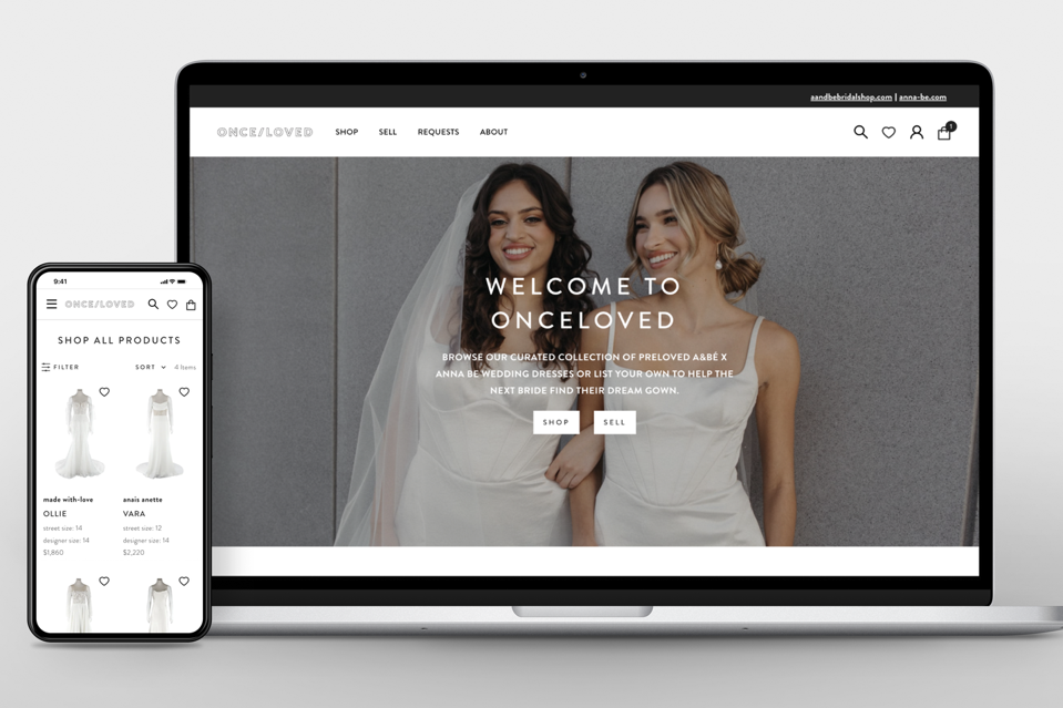 The home page of Onceloved, the new marketplace for pre-owned wedding dresses.