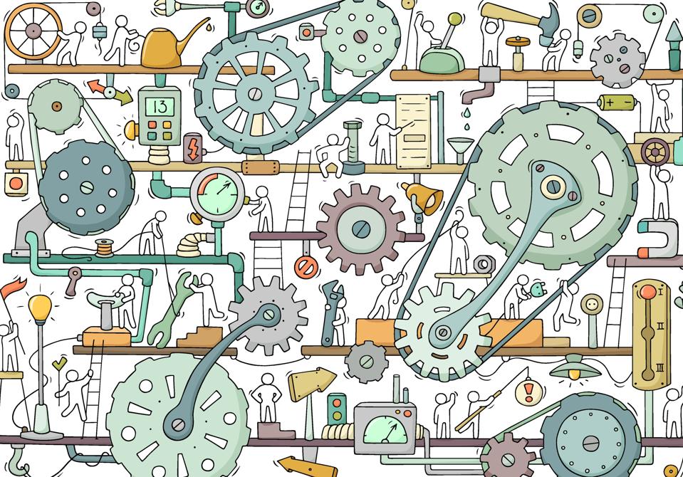 Illustration of interconnected gears, levers, and small human figures working together in a complex machine. The gears symbolize friction and resistance as essential parts of a system, echoing the idea that GenAI success depends on designing for friction rather than eliminating it. 