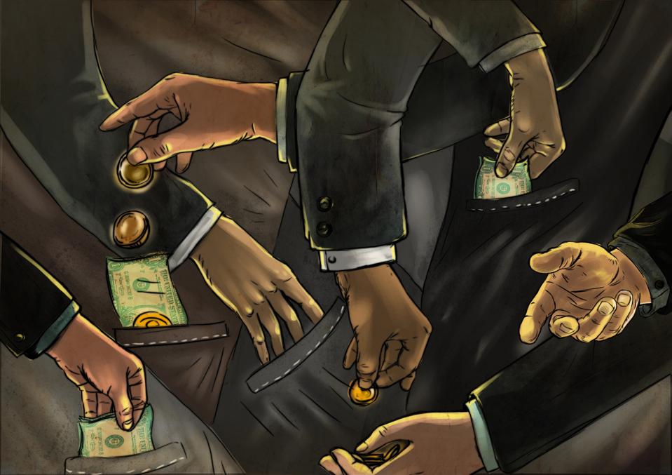 Illustrative image of business people exchanging money representing fraud