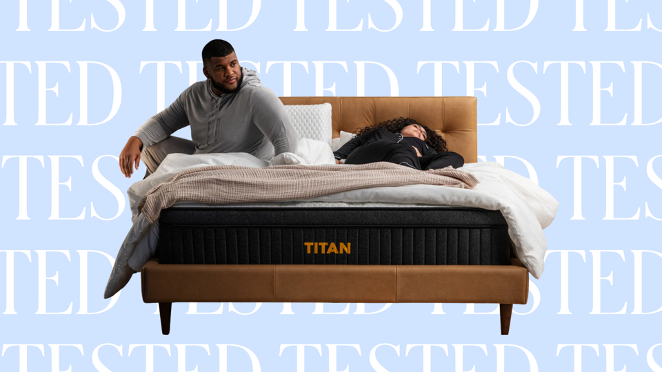 Two people on the Titan Plus Luxe mattress against a blue and white background that says "tested."
