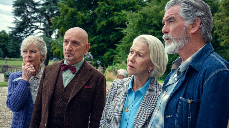 Celia Irmie, Ben Kingsley, Helen Mirren and Pierce Brosnan in "The Thursday Murder Club."