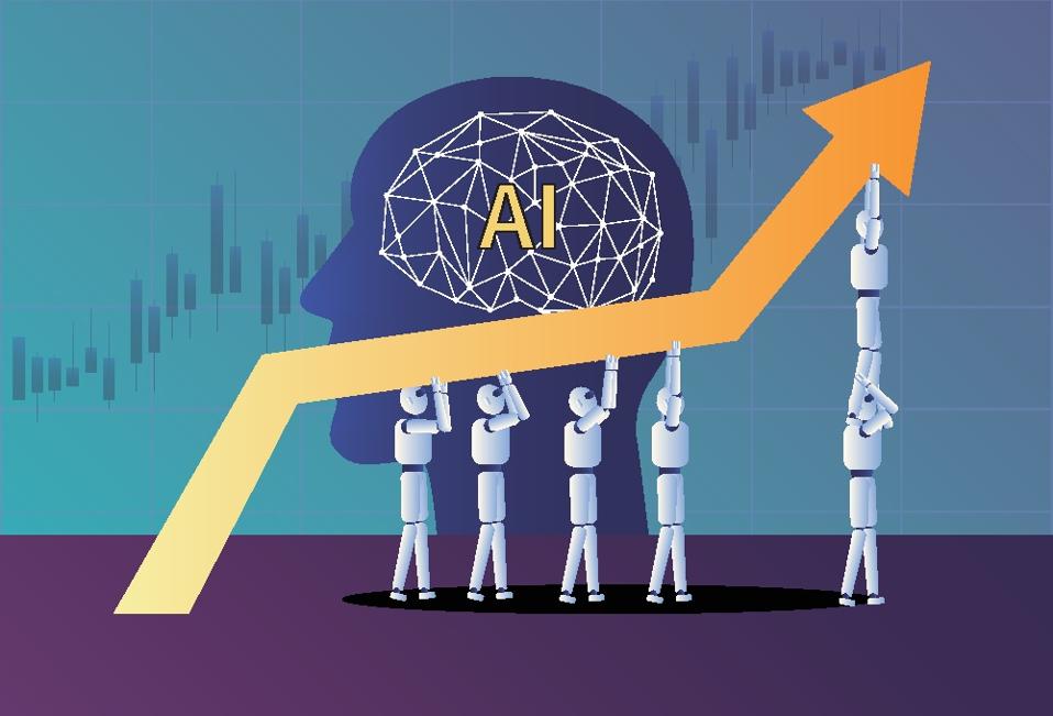 Robot holding up artificial intelligence stock market.