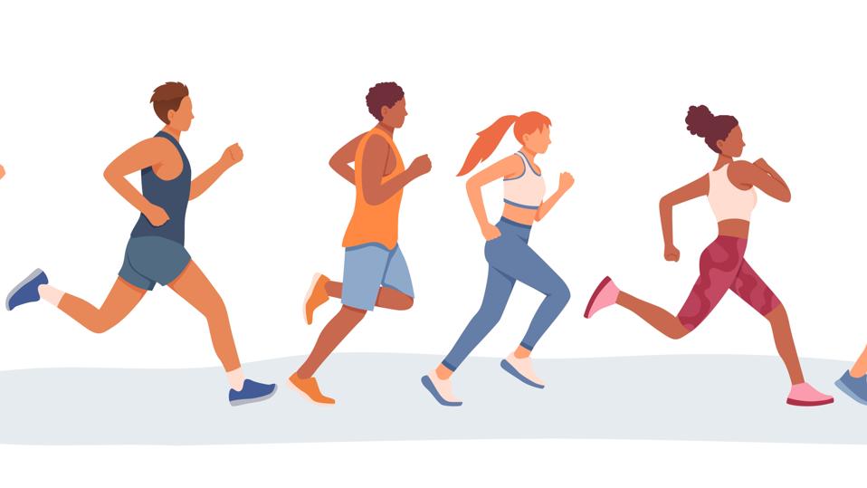 Set of different cartoon characters of young people running