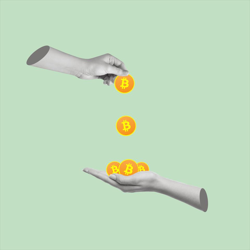 Contemporary art collage of hands holding Bitcoin currency.