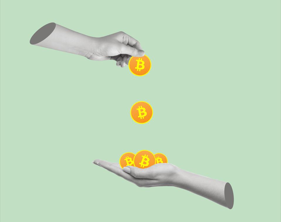 Contemporary art collage of hands holding Bitcoin currency.