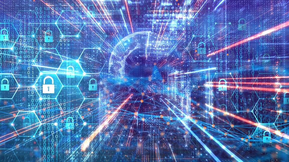 Encrypted data flowing through cyberspace, data transformation concept