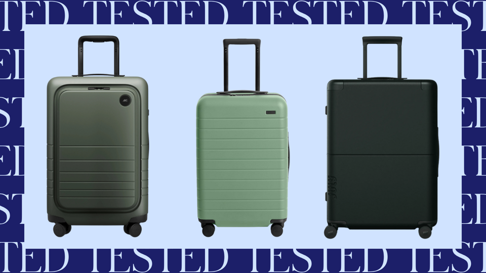 Three suitcases against a blue background with a patterned border