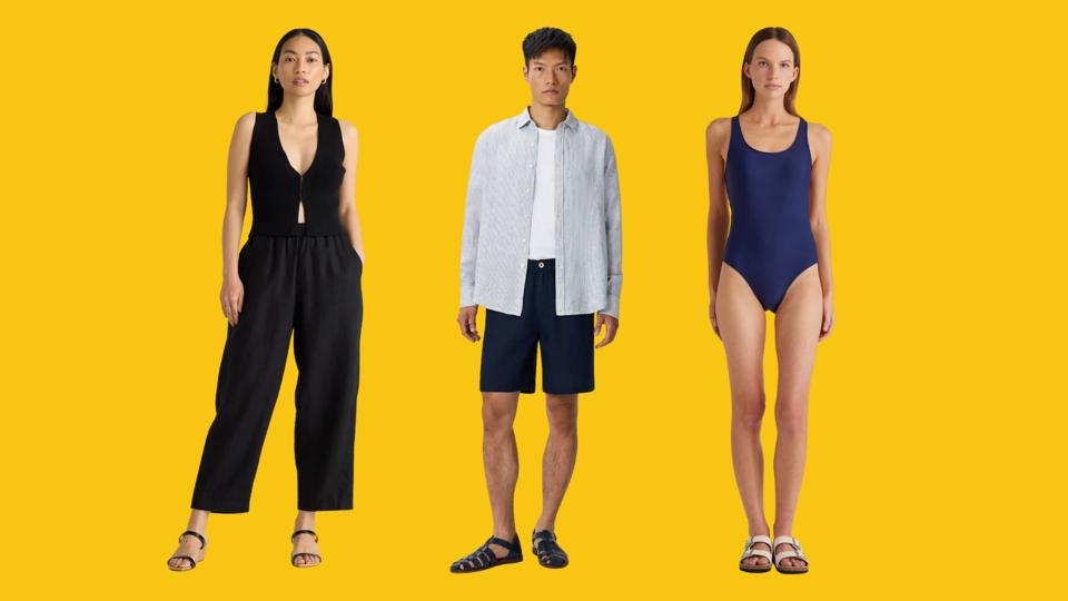 Three models wearing Quince garments on a yellow background
