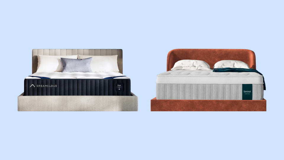 Light blue background with two images of a DreamCloud and a Leesa mattress on bed frames.