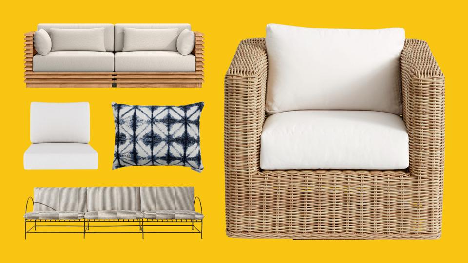 A few outdoor furniture pieces on a bright yellow background.