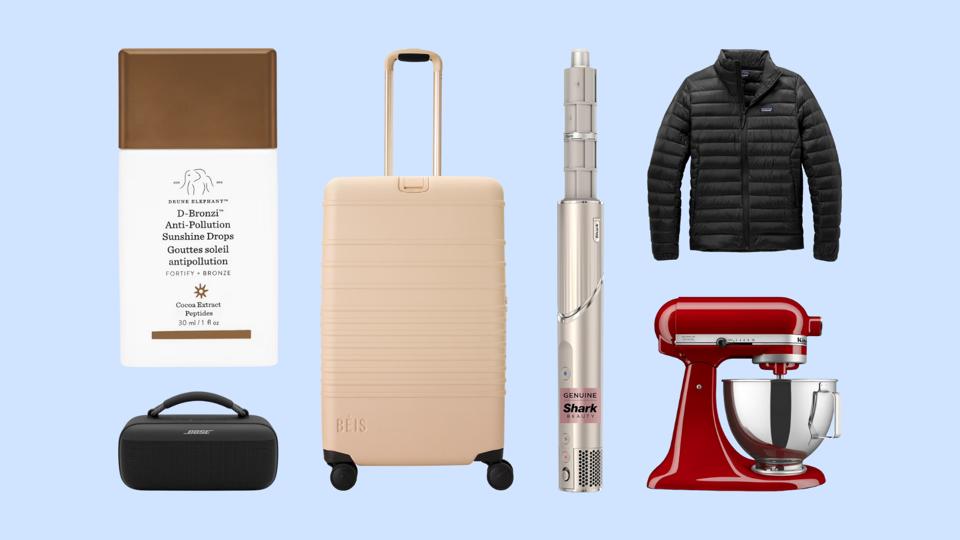 A collage of six bestselling products on a light blue background