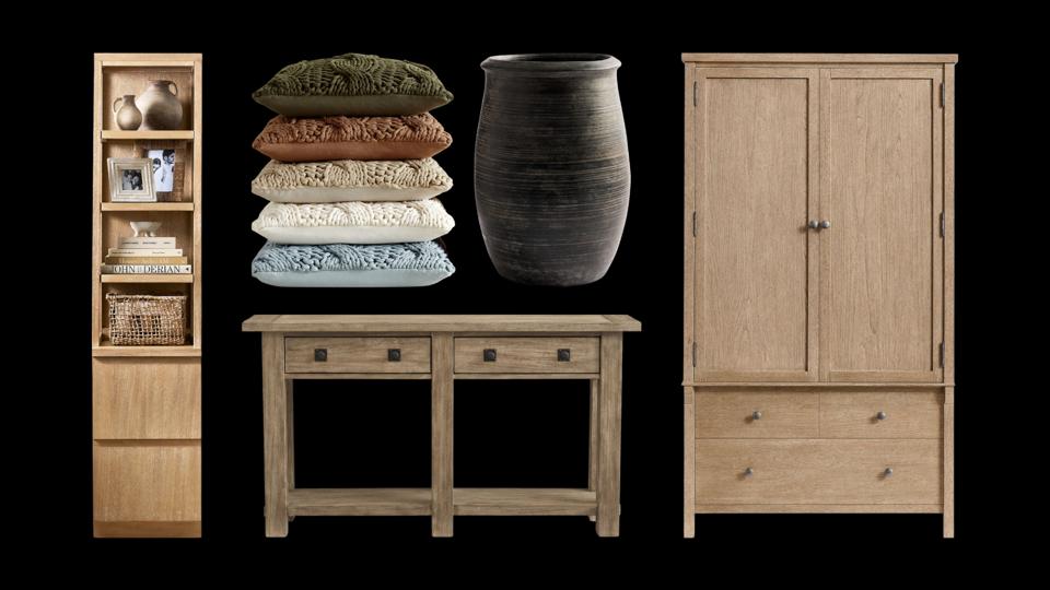 Furniture from a variety of retailers, mostly wood pieces, on a black background