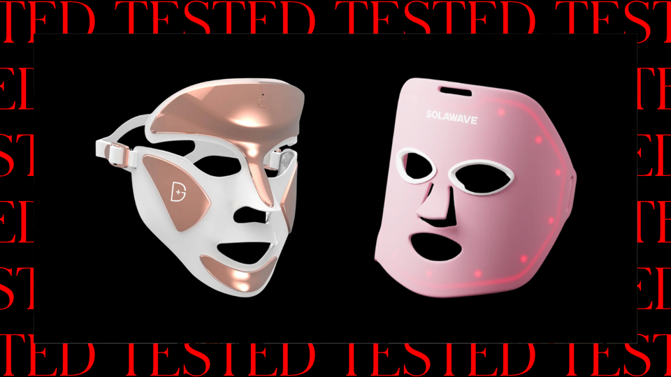 Two LED face masks against a black background with a red border