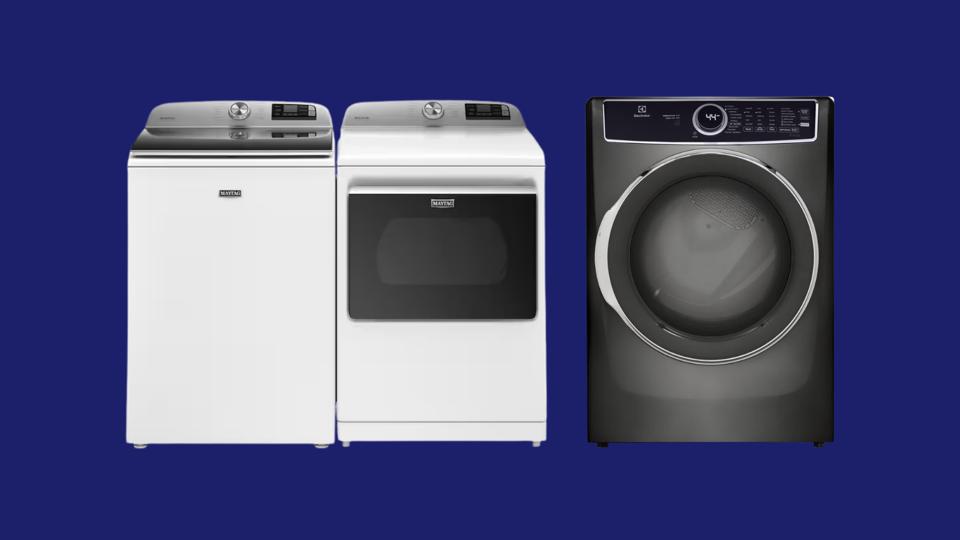 A white washer and dryer set next to a black dryer against a navy background.