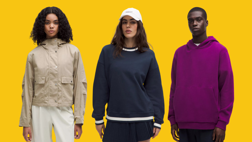 Three models wearing Lululemon on a yellow background