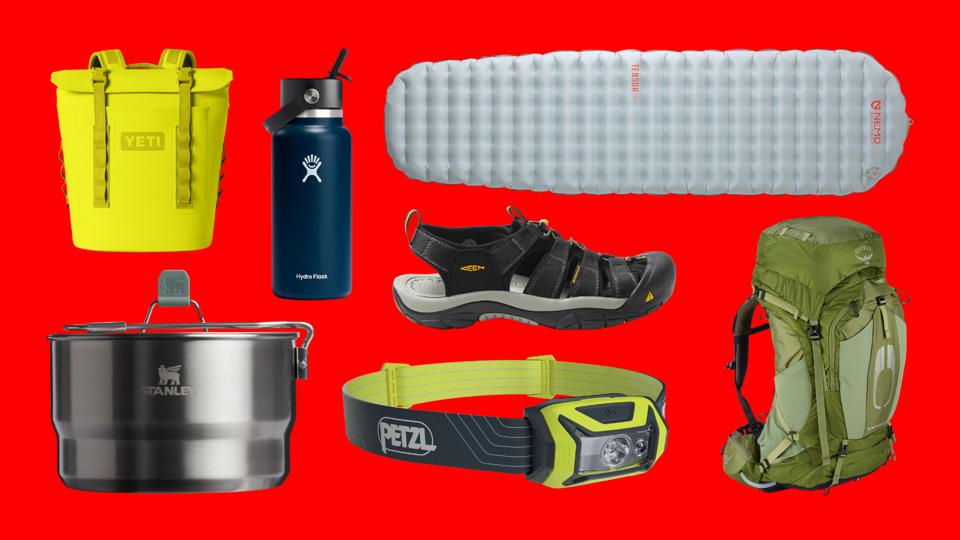 Seven products, including a backpack, shoe, water bottle and pot, against a red background.