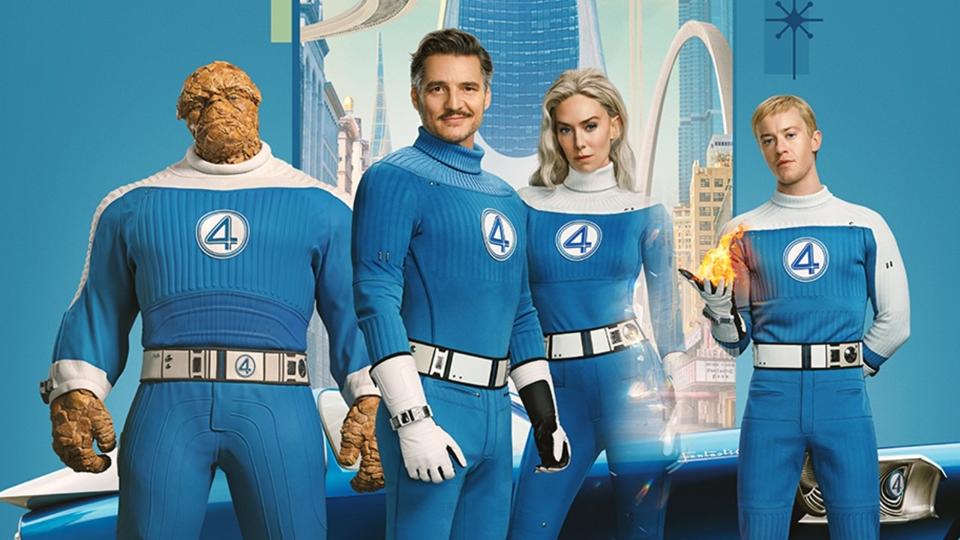 "The Fantastic Four: First Steps" poster featuring Ebon Moss-Bachrach, Pedro Pascal, Vanessa Kirby and Joseph Quinn.