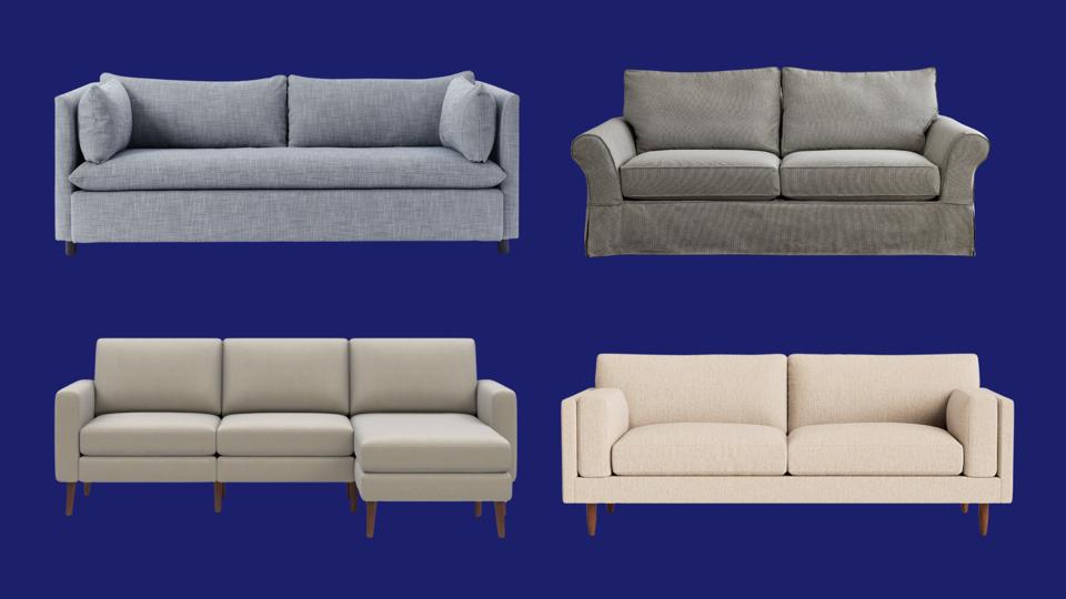 Four different sofas in different colors against a dark blue background