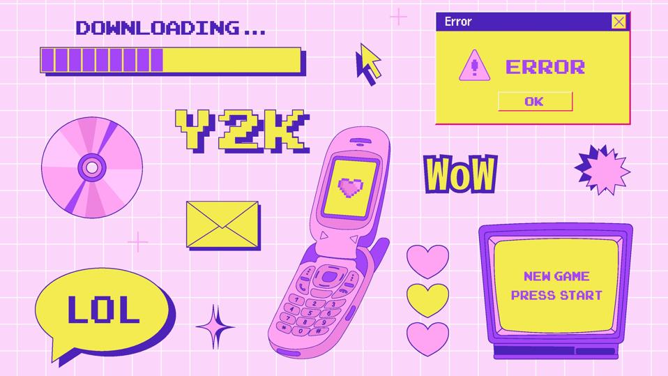 y2k trendy set of objects, old computer interface, retro pc elements, 1990s 2000s style, flip phone, cd disk, old television, pixel heart, nostalgia, vector illustration