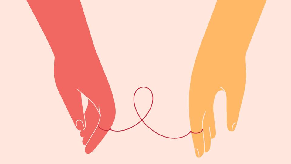 Human hands connected with pink or red ribbon. Family Help and friends support for people with oncology and HIV illnesses. Vector