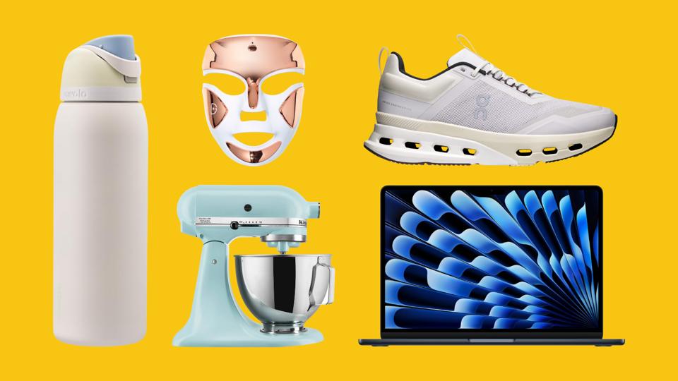 A collage of a water bottle, LED mask, stand mixer, sneaker and laptop on a yellow background
