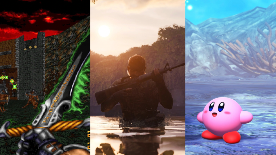 Collage of Metal Gear Solid, Kirby and the Forgotten Land and Heretic