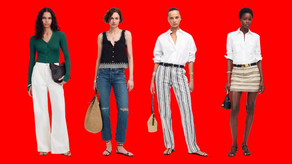 Four models on a red background.